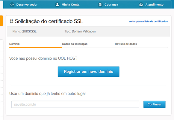 Certificado Digital SSL - Escolha de Domínio - Painel UOL Host